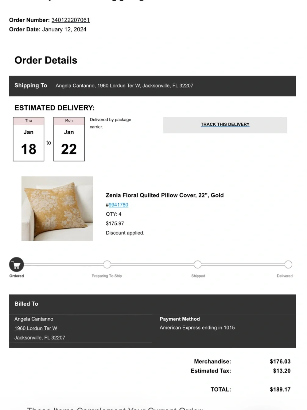Pottery Barn - Zenia Floral quilted Pillow Cover in Gold 22 x 22 (4 covers)